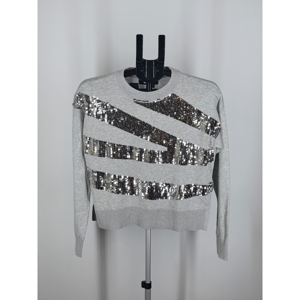 DKNY Womens Gray Sequin Stripe Crew Neck Cropped Sweater XS Silver Embellished
